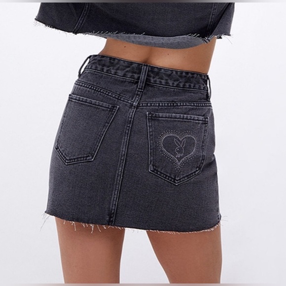 Playboy X PacSun Y2K Style Distressed Denim Mini Skirt with Bling Bunny and Logo - Picture 1 of 13